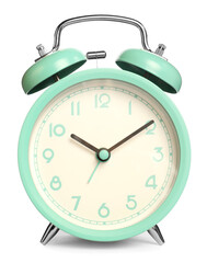 One turquoise alarm clock isolated on white