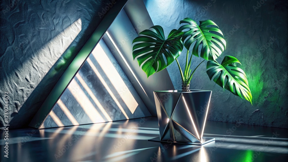 Poster 3d silver backdrop, sculpted monstera shadows frame a triangular pedestal, creating an abstract port
