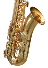 Jazz. One beautiful saxophone isolated on white