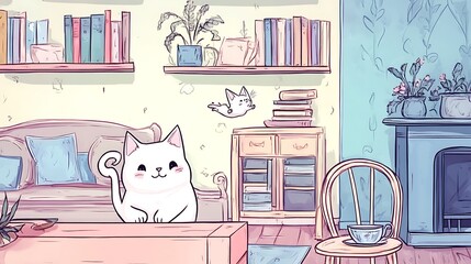 A white cat sitting on a table in a living room with bookshelves and a fireplace