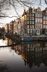 Typical houses by the canal in Amsterdam