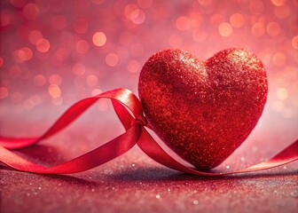 Fototapeta premium Pink Valentine's Day background showcases a red glitter heart, tied with a lovely ribbon.