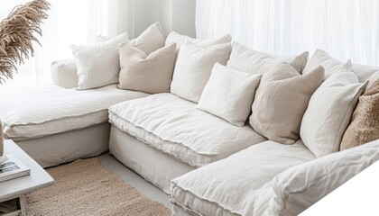 Comfortable Beige Linen Sectional Sofa with Pillows