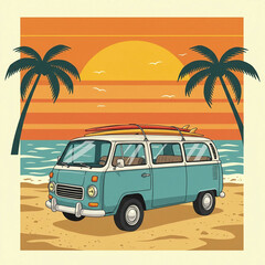 Summer vacation surf bus. Sunset tropical beach retro surfing. Vintage greeting card template, poster, sticker.