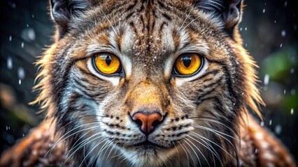 A lynx's intense gaze, yellow eyes gleaming, rain-lashed fur.  Bokeh softens a wild portrait.