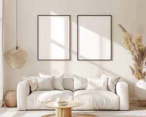 Minimalist living room interior with two blank frames above a white sofa and a wooden coffee table