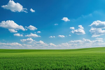 Vibrant green field under a bright blue sky with fluffy white clouds on a sunny day. Generative AI