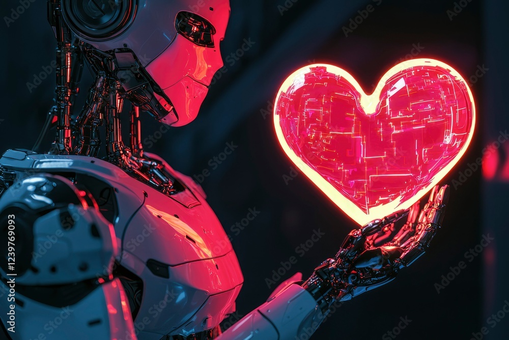 Poster advanced robot gently holds illuminated heart