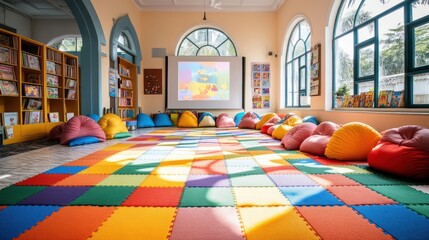 Colorful playroom with beanbag chairs, bookshelves, and projector screen.