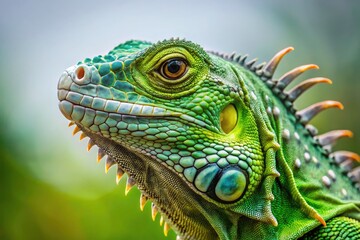Obraz premium A green iguana, Iguana iguana, sharply focused, set against a clean, green background.