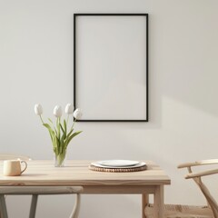 Minimalist dining room interior with a wooden table. two chairs. a vase with white tulips. a plate and a black frame on a white wall