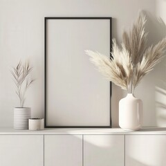 Blank Poster Mockup with Pampas Grass in a Vase on a White Cabinet