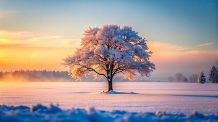 Lonely Snow-Covered Tree in Winter Meadow - Bokeh Background