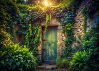 Naklejka premium A metal door, mysteriously set within an overgrown, surreal stone wall, evokes fantasy.