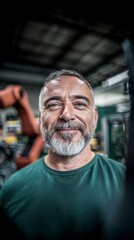 Fototapeta premium Smiling Mature Engineer Robotics Factory Industrial Worker Portrait