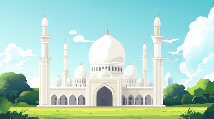 Obraz premium Mosque with green field scenery under clear sky