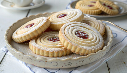 Spiral cookies with jam filling and powdered sugar