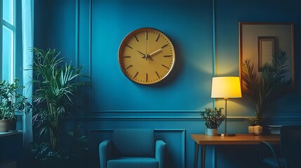 A room with a yellow clock on the wall and a lamp on a table