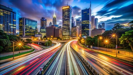 Obraz premium Long Exposure Photography of a City Skyline at Night with Motion Blur
