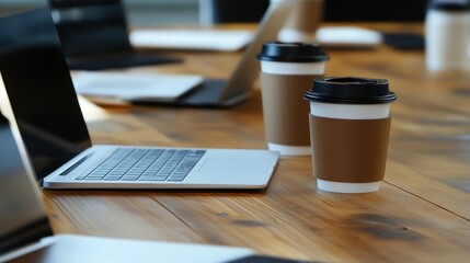 Laptop and Coffee Cups on Wooden Table: Modern Workspace