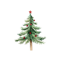 Fototapeta premium A decorated Christmas tree featuring green foliage, red ornaments, and a star on top.