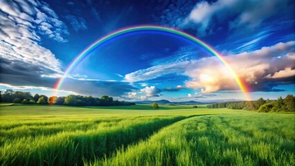 Naklejka premium Stunning portrait: Nature's masterpieceâ€”a rainbow graces a landscape of verdant grass and azure sky.
