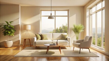 Beige minimalist living room: panoramic window, sofa, armchair.  Silhouetted serenity.