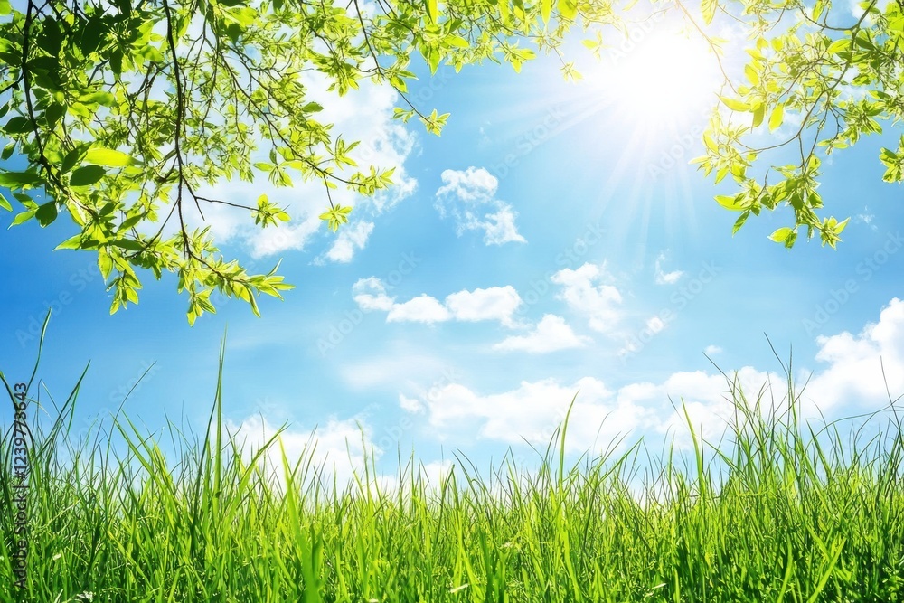 Poster bright sunlight filters through green leaves in a lush meadow on a clear day with fluffy clouds. gen
