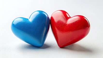 Fototapeta premium Blue and red hearts create a miniature romantic scene, showcasing a tilt-shift effect.