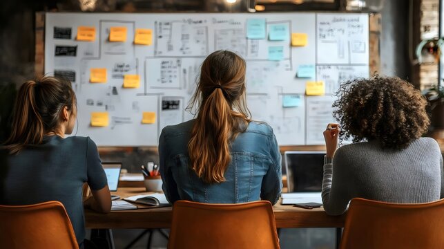 Three women are sitting at a table with a whiteboard behind them