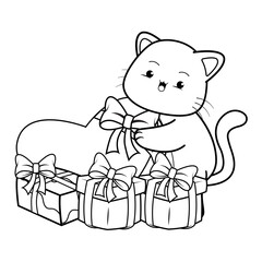Naklejka premium Valentine Day Coloring Page with cute cat