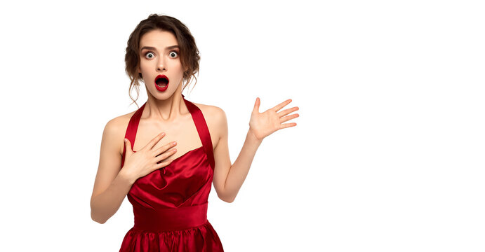 Women surprised or frightened in red gown, isolated on white, 3d illustration, 300dpi