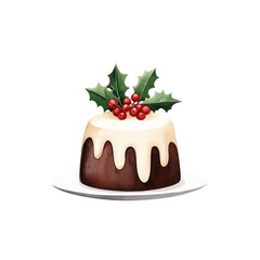 A festive Christmas pudding decorated with holly and red berries, perfect for holiday celebrations and seasonal desserts.