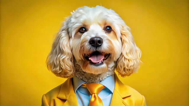 Charming vintage photo: Cavapoo in a yellow, formal outfit.  Smiling dog, retro style.