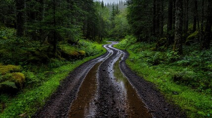 Fototapeta premium Rainy forest road curves through lush greenery (1)