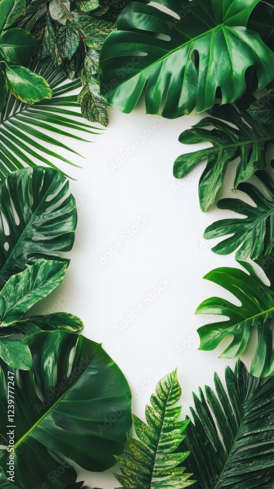 Poster lush green tropical leaves create a vibrant border around a blank space for design purposes. generat