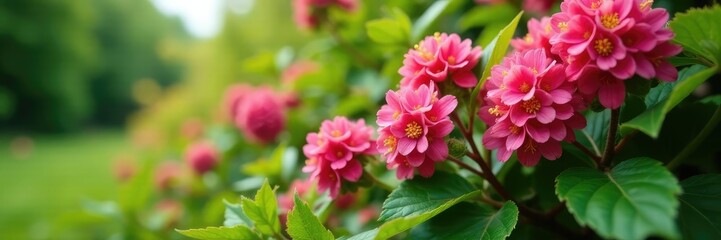 Fototapeta premium Low-angle shot of salmon berry bushes with pink flowers and foliage in the foreground, salmon berry, bushy plants, garden features