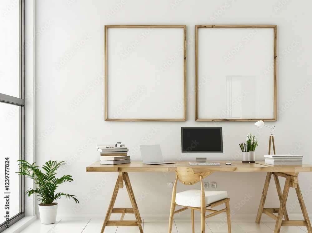 Poster minimalist home office workspace with two empty picture frames. a desk with a laptop. a desktop comp