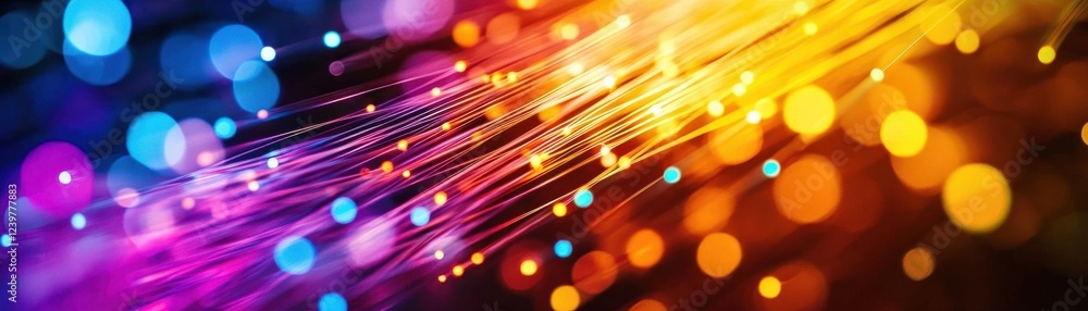 Poster close-up of glass server rack with colorful lights and holographic data display technology