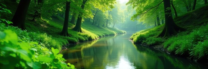 Obraz premium lush greenery surrounds the gentle river bend, bend, foliage