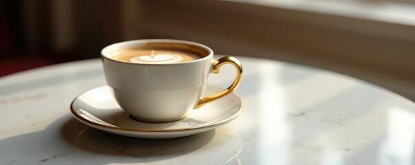 Luxurious golden coffee cup on marble surface, sophistication, cup, elegance