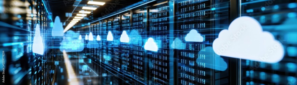 Aufkleber futuristic glass data center with multiple servers and a cloud graphic on the wall for network infra