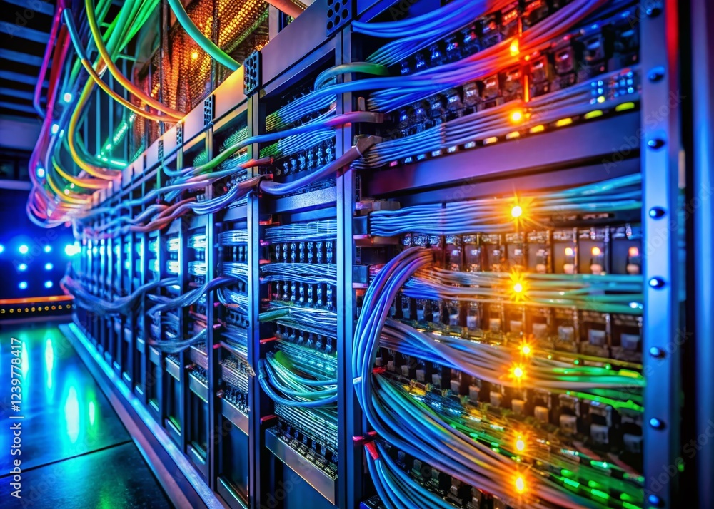 Poster low-light image of a server room network rack with glowing vlan network cables, showcasing enterpris