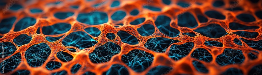 Poster close up of red and blue fire with magnified view of glowing data network node and connections