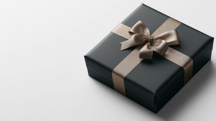 Obraz premium Sleek Black Gift Box Wrapped with a Golden Ribbon and Bow on a White Background, Exuding Luxury and Elegance