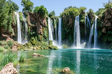 Obraz premium Majestic Waterfall Cascading Over Lush Green Cliffs