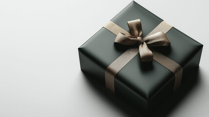 Obraz premium Sleek Black Gift Box Wrapped with a Golden Ribbon and Bow on a White Background, Exuding Luxury and Elegance