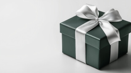 Fototapeta premium Minimalist White Gift Box with Green Satin Ribbon and Simple Bow on a White Background, Perfect for a Fresh and Modern Aesthetic