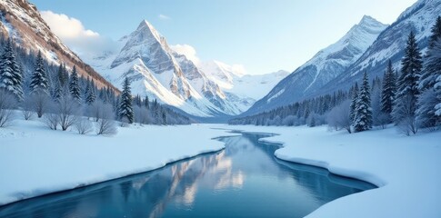 Serene winter landscape with snow-covered mountains and a frozen river gliding beneath, frozen, snow