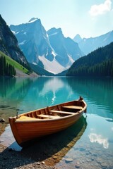 Fototapeta premium serene mountain lake with wooden boat docked on shore, lakes, docks
